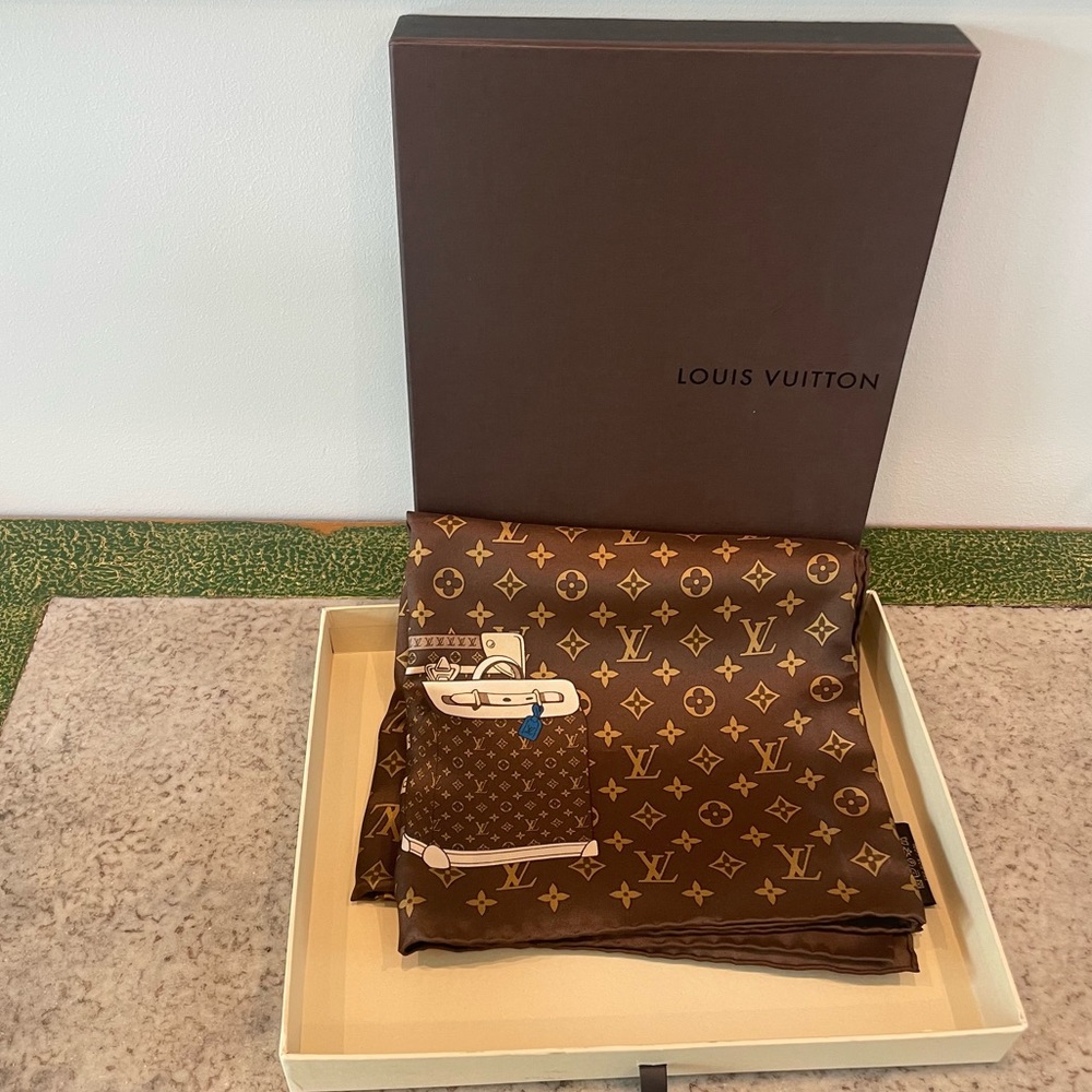 Louis Vuitton Monogram Brown Trunks Silk Square Scarf new without tags!